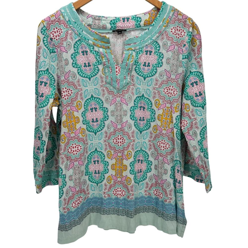 Talbots Blouse Womens Large Tunic Top‎ Boho V-Neck 3/4 Sleeve Multicolor Shirt